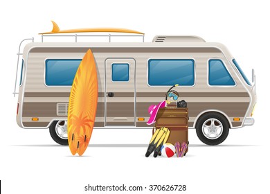 caravan camper mobile home with beach accessories vector illustration isolated on white background