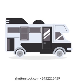Caravan camper. Motor home on wheels. Automobile camping van. Transport for summer vacation. Tourist transportation by roads. Flat vector illustrations.