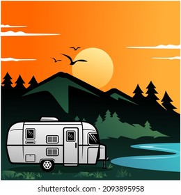 Caravan camper motorhome rv journey to mountains and lake, pine forest background, sky with moonlight