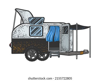 Caravan camper trailer color sketch engraving vector illustration. T-shirt apparel print design. Scratch board imitation. Black and white hand drawn image.