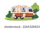 Caravan, camper trailer for summer holiday travel, camping in campervan. RV, recreational vehicle, van, home on wheels and chairs in nature. Flat vector illustration isolated on white background