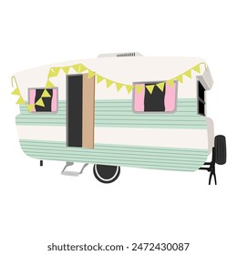 Caravan, camper trailer for summer holiday travel, camping in campervan. RV, recreational vehicle, van, home on wheels and chairs in nature. Flat vector illustration isolated on white background