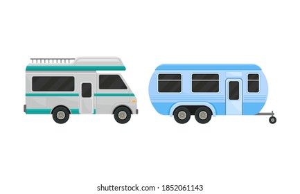 Caravan or Camper Trailer as Towed Vehicle with Place for Sleeping Vector Set