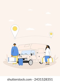 Caravan, camper trailer with young couple. Road trip on outdoor vacation. Spring holiday journey. Vector flat illustration.