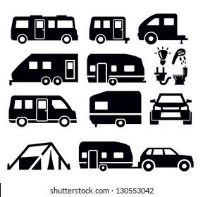 Caravan or camper van icons on white