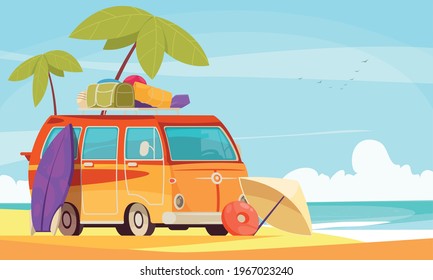 Caravan Camper Van Surfing Vacation Flat Cartoon Composition With Retro Style Minibus On Sand Beach Vector Illustration