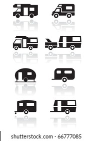 Caravan or camper van symbol vector illustration set. All vector objects are isolated and grouped. Colors and transparent background color are easy to adjust.