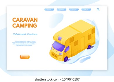 Caravan camping color vector landing page template. RV rental services. Camping holiday for family web banner. Outdoor activity. Yellow trailer, truck camper booking illustration. Vacation on nature