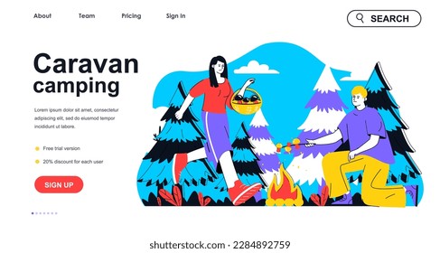 Caravan camping concept for landing page template. Woman and man resting, picking mushrooms and frying on campfire. Hiking people scene. Vector illustration with flat character design for web banner