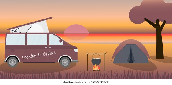 Caravan and camping at the evening beach. Local tourism. Concept vector illustration.