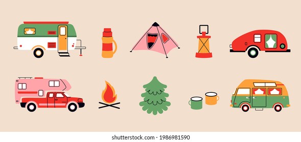 Caravan car. Cartoon Camper van, tourist tent and trailer for adventure lifestyle and active recreational holidays. Vector doodle set