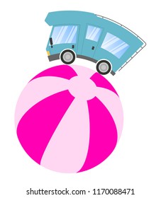 Caravan car confort travel on holiday, speed motion, beach ball