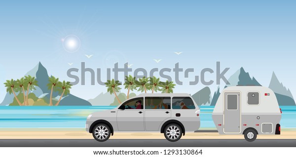 Caravan car driving car\
on road on the beach in the holiday, Family vacation travel,\
holiday trip in motorhome, Caravan car Vacation in flat design\
vector illustration.