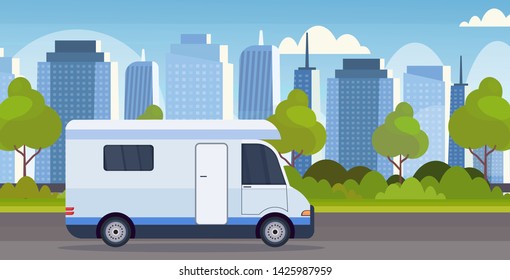 caravan car family trailer truck driving on road recreational travel vehicle camping concept modern cityscape background flat horizontal