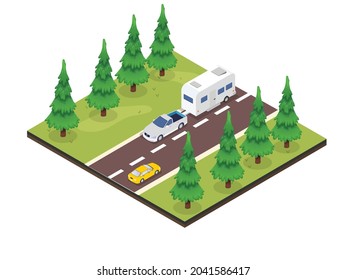 Caravan car moving on the road at the forest during holiday trip. isometric vector concept