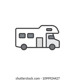 Caravan car, trailer flat line colored icon.