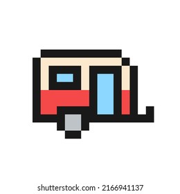 Caravan car trailer icon in pixel art design isolated on white background, camper vector sign symbol