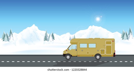 Caravan car vacation in winter holiday trip flat design vector illustration.