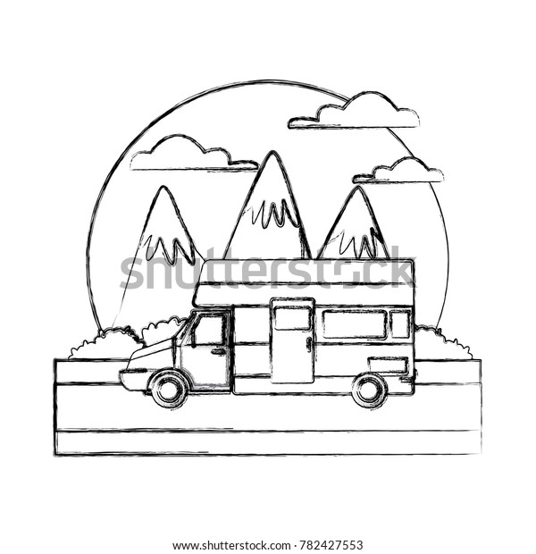 Caravan car\
vehicle between mountains\
landscape