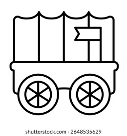 Carruagem de caravana com bandeira ícone de linha fina, conceito do deserto árabe. Gráficos vetoriais. Sinal do vagão do viajante do deserto no fundo branco, móvel estilo ou design