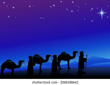 Caravan composed of dromedary of the three wise men following the star of bethlehem in the desert, at night