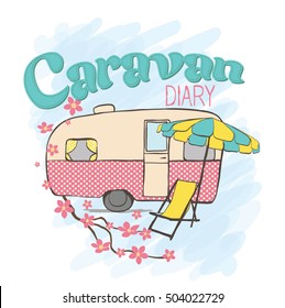 caravan, cute caravan, Family traveler truck summer trip concept,  Pink trailer, T-shirt print