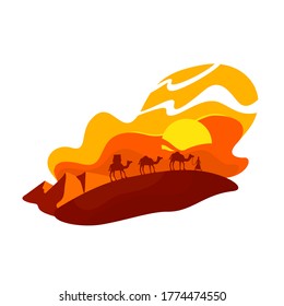 Caravan in desert 2D vector web banner, poster. Sunset in Africa. Egyptian dunes with skyline flat scenery on cartoon background. Arabian sand landscape printable patch, colorful web element