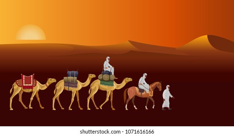 Caravan in the desert against the background of the rising sun. Vector illustration