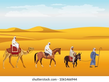 Caravan in the desert. Donkey, horse and camel. Vector illustration