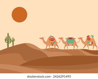 Caravan in desert. Landscape including  sandy desert, camels, cactus and red sunset