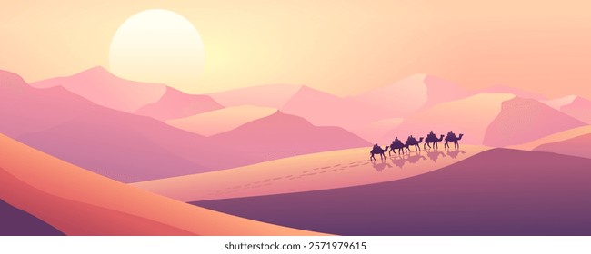 Caravan in the desert on beautiful sand dunes. Amazing landscape of desert, sand dunes and sunset. Camels in the desert.