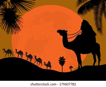 Caravan in the desert, vector illustration
