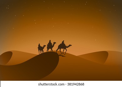 Caravan in desert. Vector illustration.