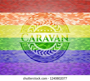 Caravan emblem on mosaic background with the colors of the LGBT flag