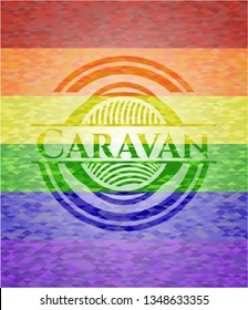Caravan emblem on mosaic background with the colors of the LGBT flag