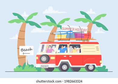 Caravan family holiday on seashore. Summer time background illustration. Beach vacation with parent, daughter, and son.