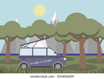 Caravan in a forest. Local summer vacation.