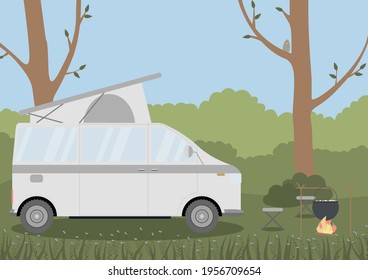 Caravan in a forest. Local summer vacation. Concept vector illustration. Perfect for internet publications, landing pages or printing.