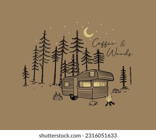 caravan in forest vector illustration, camping van life graphic print, outdoor campfire retro vintage design for t shirt, sticker, poster, mug print