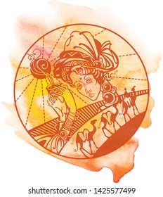 Caravan. Girl in turban with a cup of hot tea. Vector drawing.