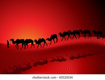 a caravan going in the desert on a background sunset