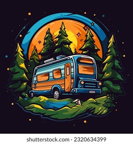 Ein Wohnwagen fährt in den Urlaub. Sommerabenteuer und Camping. Familienausflug. Cartoon, Vektorgrafik. Etikett, Aufkleber, T-Shirt-Druck