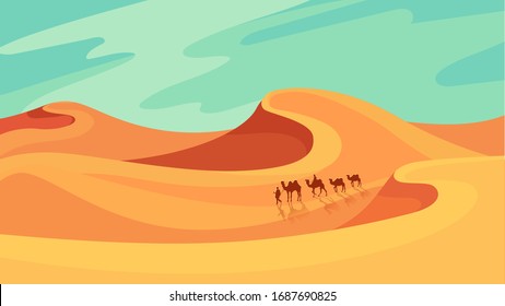 Caravan going through desert. Beautiful landscape in cartoon style.