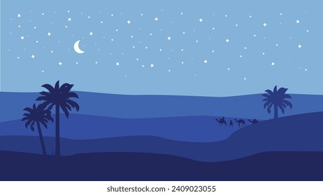 The caravan going through the desert with crescent moon and star