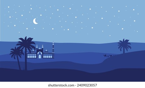 The caravan going through the desert with crescent moon and star,Night Desert, Islamic Mosque,Landscape Illustration