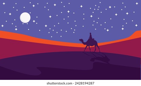 The caravan going through the desert with moon and star,Night Desert, Islamic Background,Landscape Illustration