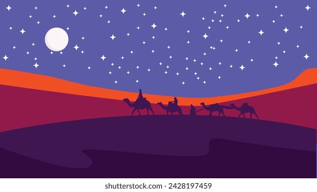 The caravan going through the desert with moon and star,Night Desert, Islamic Background,Landscape Illustration