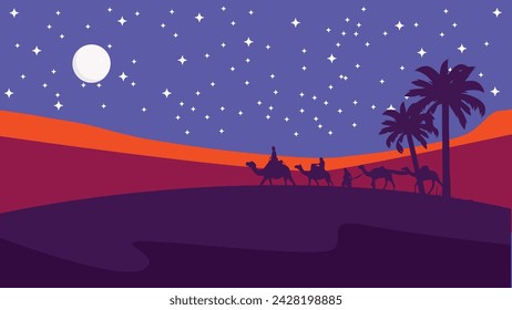 The caravan going through the desert with moon and star,Night Desert, Islamic Background,Landscape Illustration