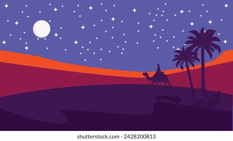 The caravan going through the desert with moon and star,Night Desert, Islamic Background,Landscape Illustration