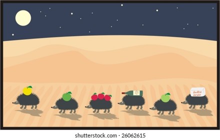 Caravan of hedgehogs in a desert at night